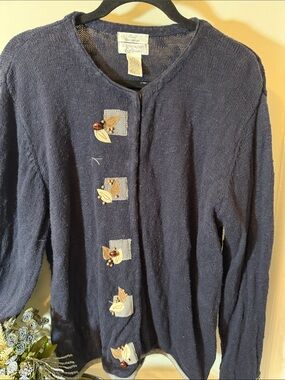 Vintage Christopher & Banks Navy Cardigan with Leaf Accents